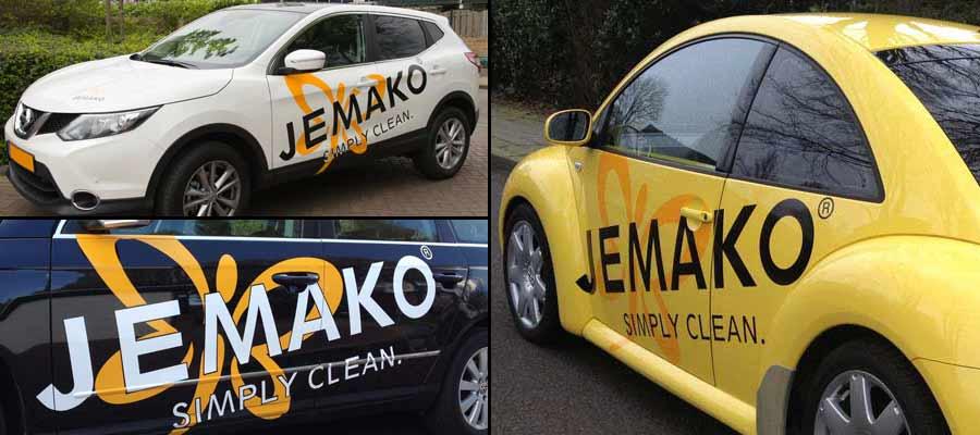 Alles is netjes bij JEMAKO, zo ook de reclame. Aan de auto aangepaste beletteringen door van Veldhuizen Reclame.
